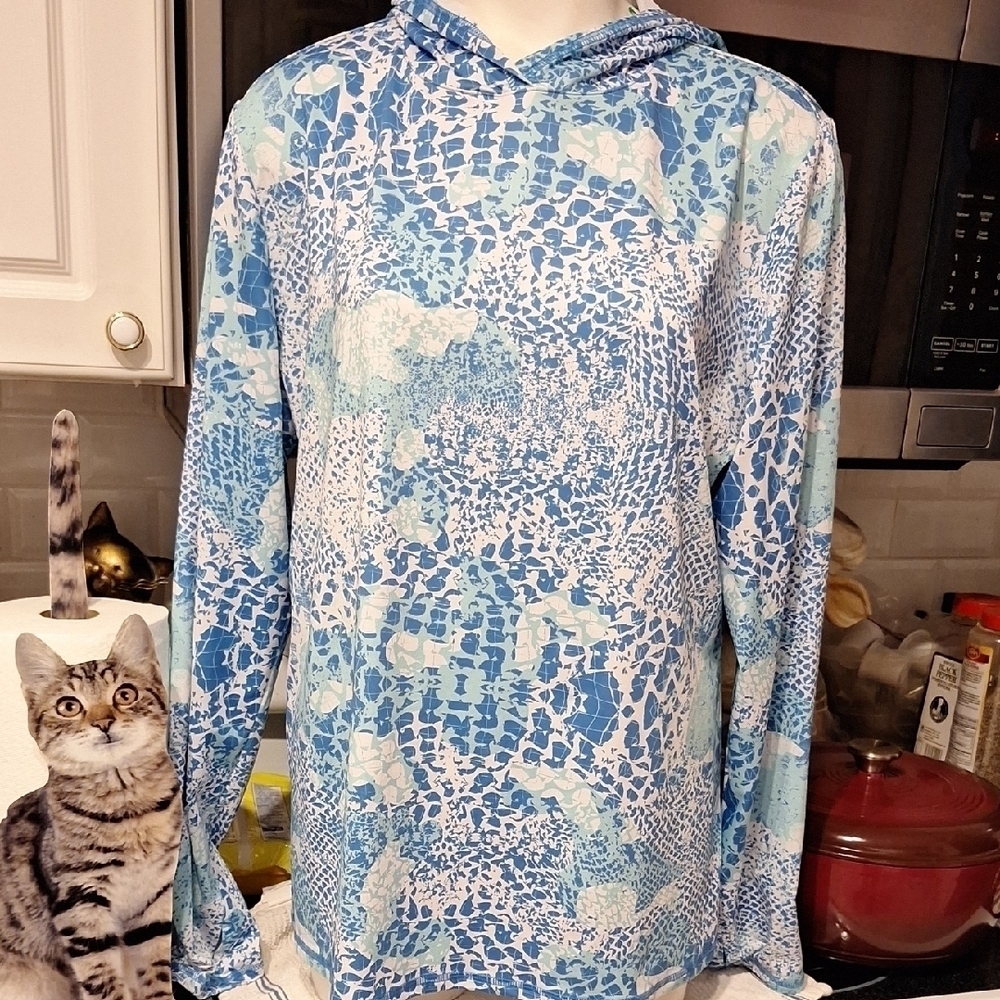 eBlue and White Patterned Hoodie Stretxh Long Sleeve XL. EUC